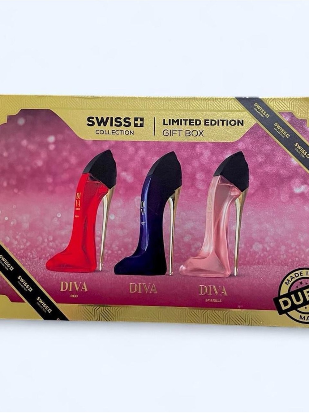 Swiss Limited Edition Diva High-Heel Perfume Gift Set - Red, Blue, Pink sparkle.